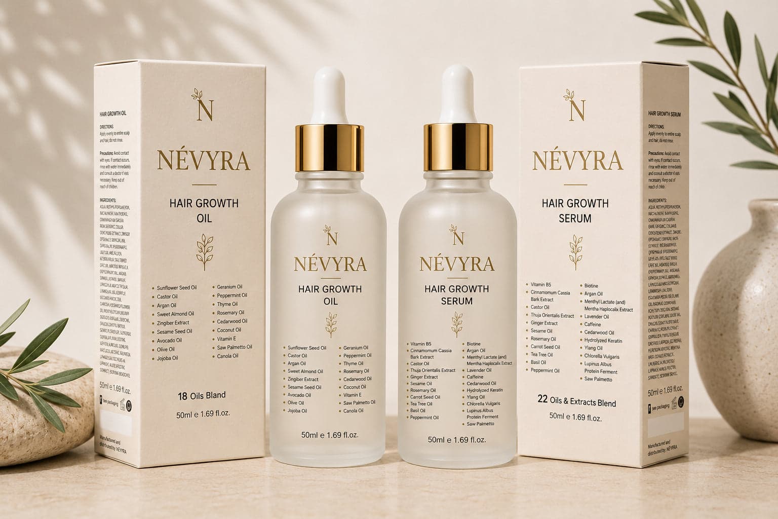 The NÉVYRA serum and oil bottles packaged together
