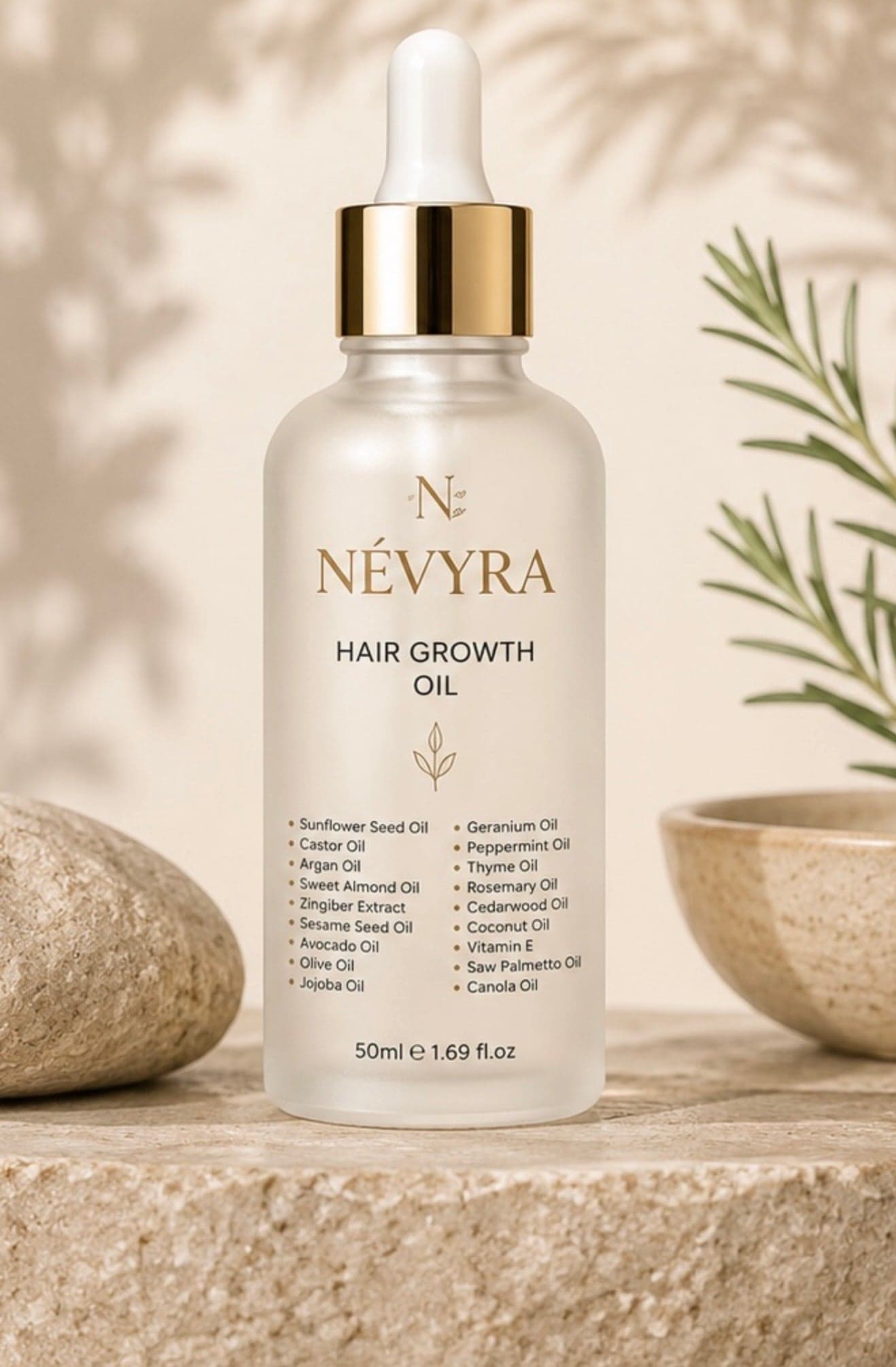 NÉVYRA hair growth oil in a UV-protective glass bottle