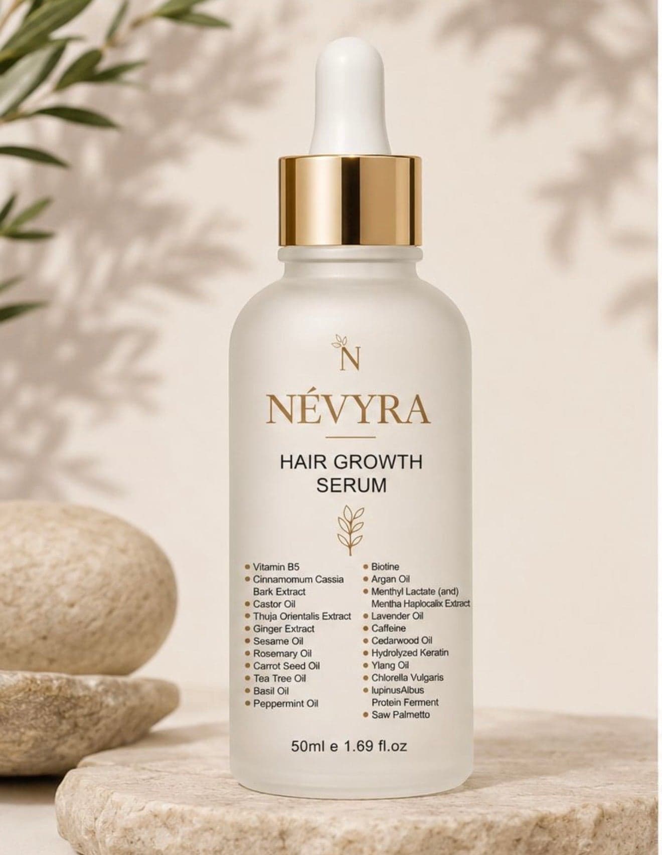 NÉVYRA hair growth serum in a frosted glass dropper bottle