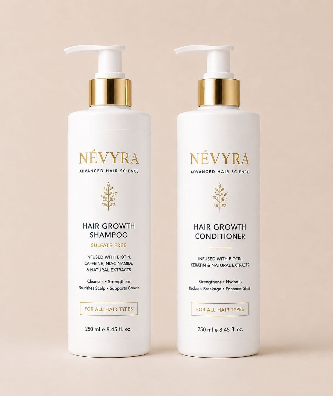 NÉVYRA shampoo and conditioner bottles side by side